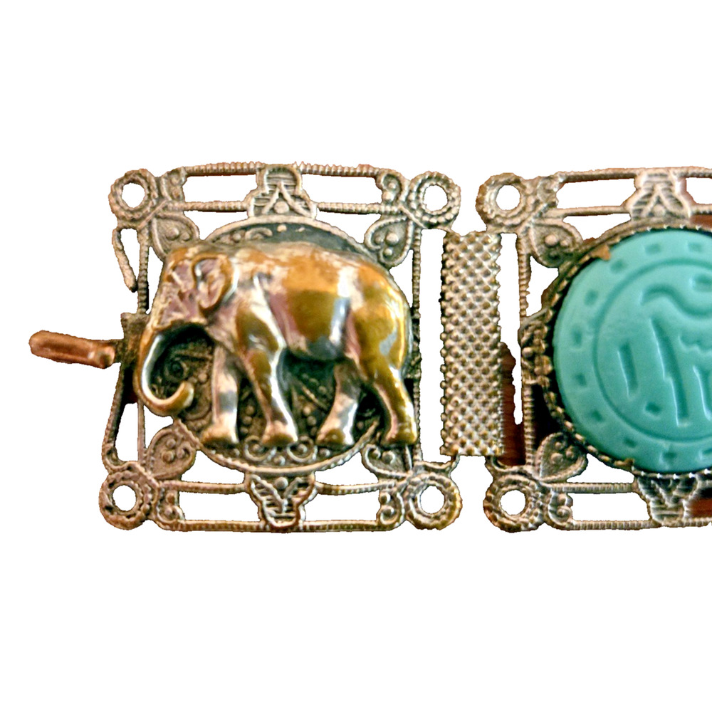 Vintage Egyptian Revival Panel Bracelet Silver Tone Scarabs Pharoah Elephants - Picture 5 of 13
